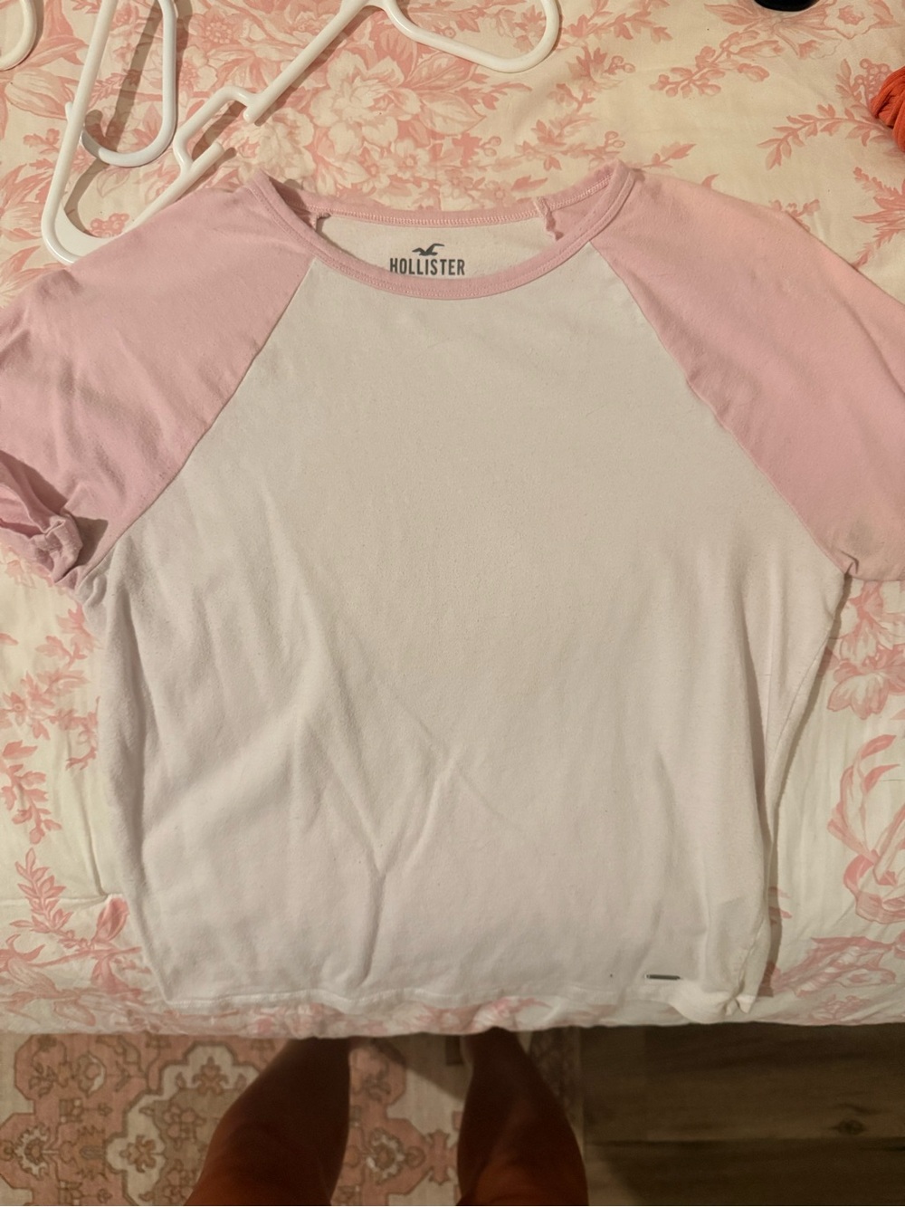 Hollister White Tee with Light Pink Raglan Sleeves